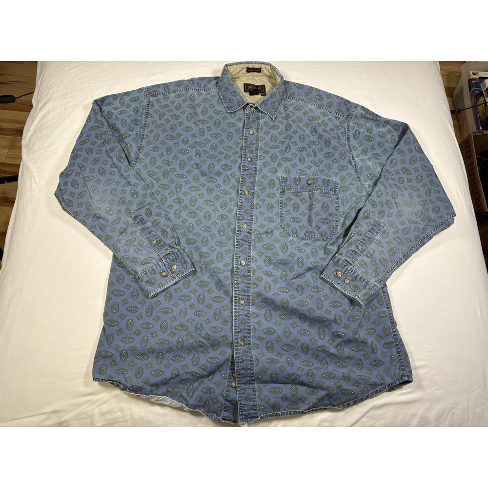 Vintage 90s Eddie Bauer Rufton Twill Shirt Mens XL Tall Blue Medallion Geometric